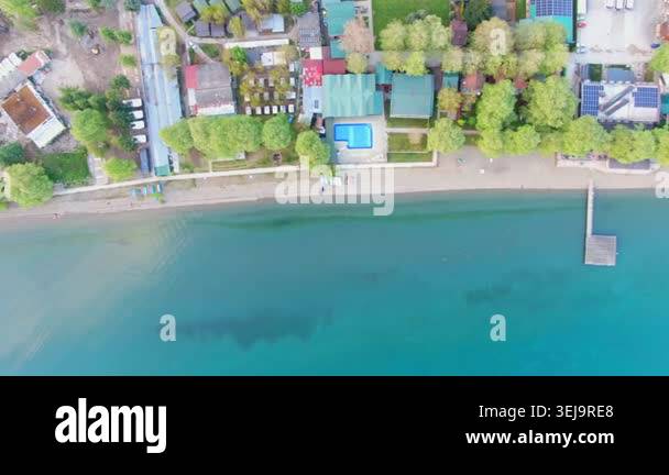 Aerial view on Ohrid Lake and buildings near water in Macedonia. Drone ...