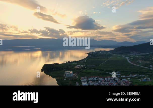 Aerial view on Ohrid Lake and buildings near water in Macedonia. Drone ...