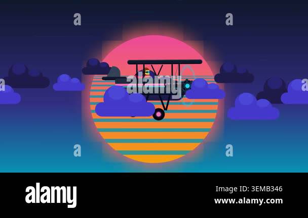 Retro Synthwave Style Animation of a Biplane Flying Through Clouds at ...