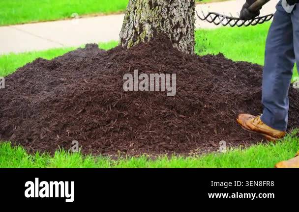 Landscaper raking mulch around bushes in residential garden. yard ...