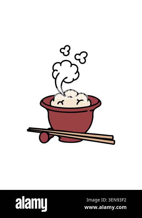 spinning motion animation of cartoon japanese rice in traditional bowl ...