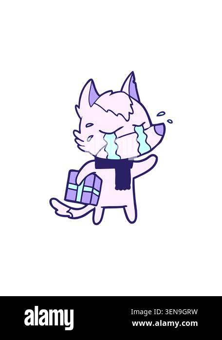 vertical-video-showing-animated-cartoon-wolf-crying-and-holding-a-gift