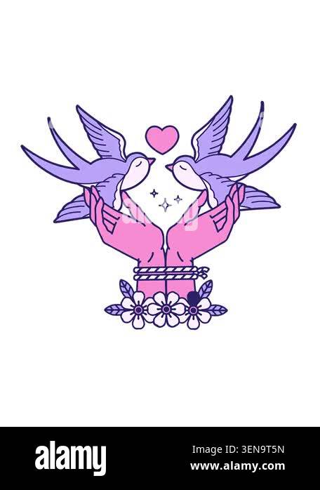 jiggle motion animation of tattoo style tied hands and swallows Stock ...