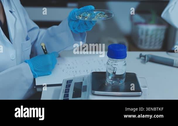 laboratory scientist holding a test tube in his hands and analyzes the ...