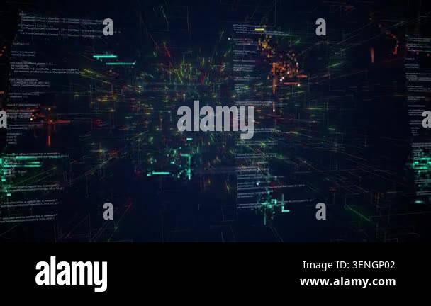 Animation of flying through a digital cyberspace grid. Abstract data ...