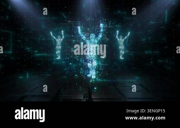 Three luminous humanoid figures made of digital particles dance in a ...