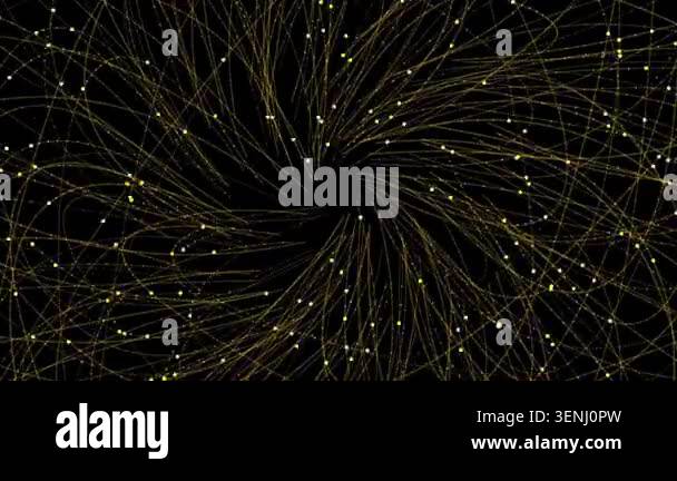 Yellow glowing particles flowing in swirling abstract patterns on black ...