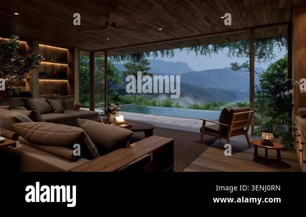 Animation of modern contemporary living room featuring warm wooden ...