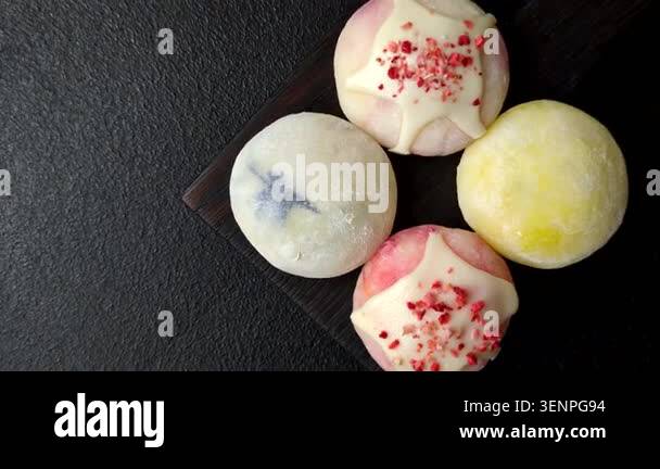 Japanese sweet frozen mochi with rice dough, fruit, and chocolate ...