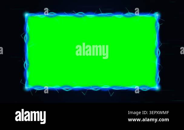 A vibrant green screen with an animated blue electric energy frame ...