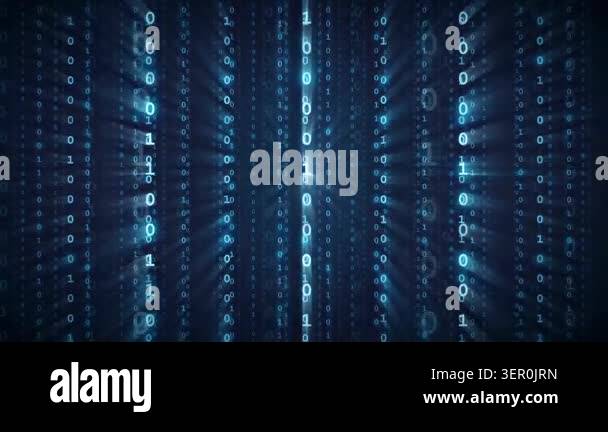 Abstract digital binary code streaming background with glowing blue ...