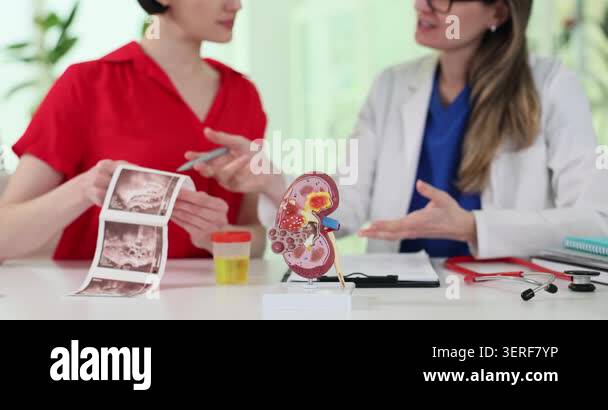 Kidney model and urine sample against doctor showing ultrasound images ...