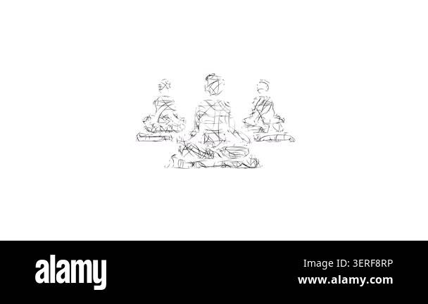 Sketch style minimal group yoga icon animation - smooth progressive ...