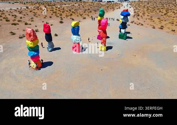 Nevada, USA, 25 May 2026: Overhead close view of five painted boulder ...