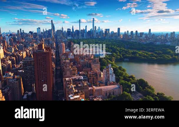 Golden hour over Central Park and Manhattan, New York. Panoramic sunset ...