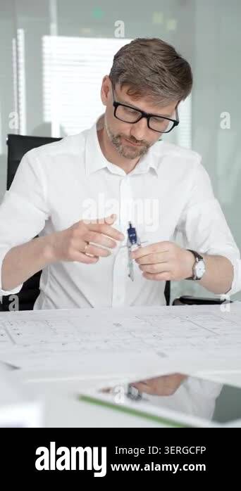 Engineer wearing eyeglasses meticulously reviewing architectural plans ...