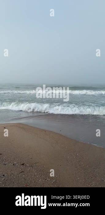 Waves crash gently on sandy shore with misty atmosphere, serene coastal ...