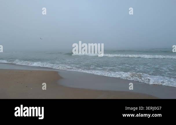 Serene beach scene with foggy sky, calm slow-motion waves roll on sandy ...