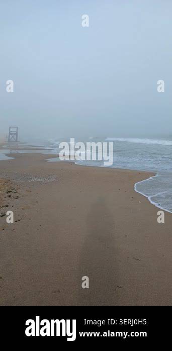 Misty coastal scene with waves rolling on sand shore Stock Video ...