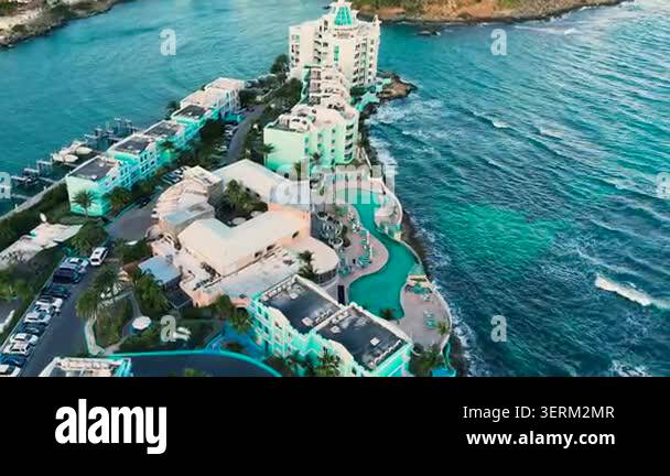 Drone view of the luxury beach resort situated on a peninsula. The ...