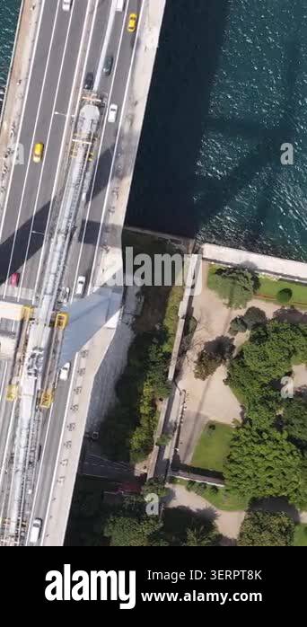 Aerial drone footage of traffic on the Istanbul Bosphorus bridge ...