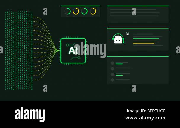 Artificial intelligence chip processing binary data stream animation ...