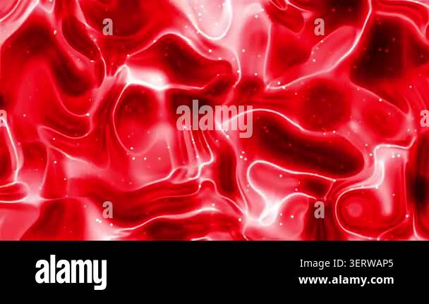 Abstract red fluid motion with glowing highlights and small particles ...