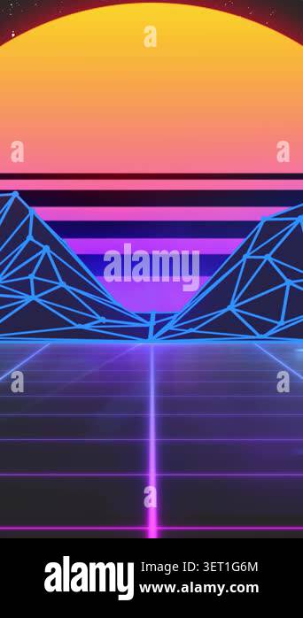 Stylized vintage 3D animation background with mountains and sun. 80s ...