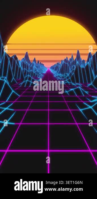 Stylized vintage 3D animation background with mountains and sun. 80s ...