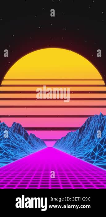 Stylized vintage 3D animation background with mountains and sun. 80s ...
