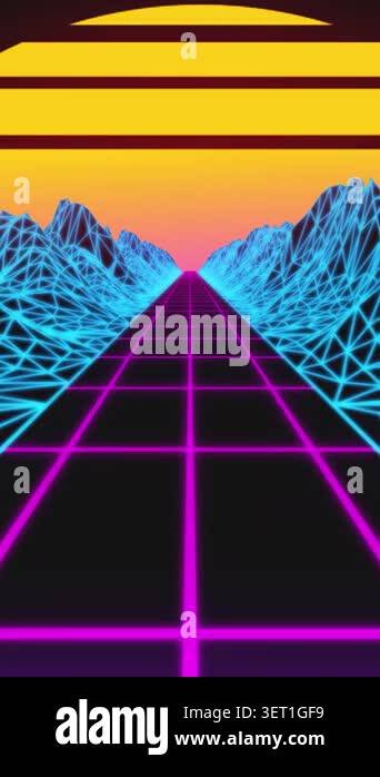 Stylized vintage 3D animation background with mountains and sun. 80s ...