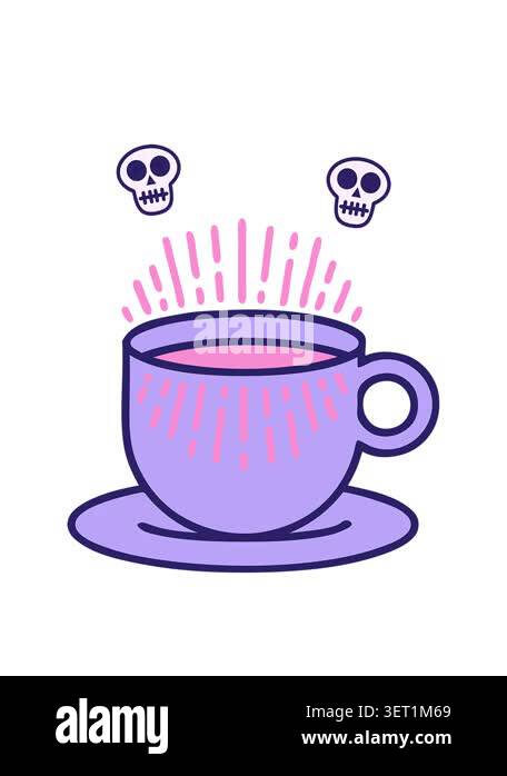 Vertical video showing a whimsical illustration of a purple teacup with ...