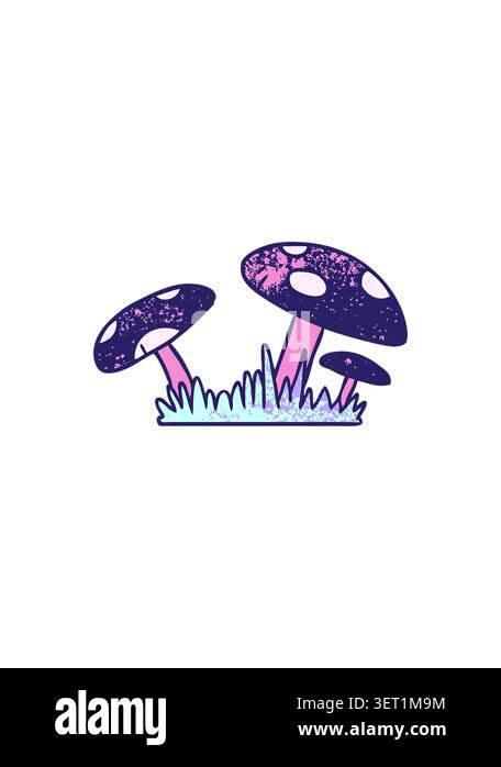 Vertical video showing stylized cartoon mushrooms with pink stems and ...