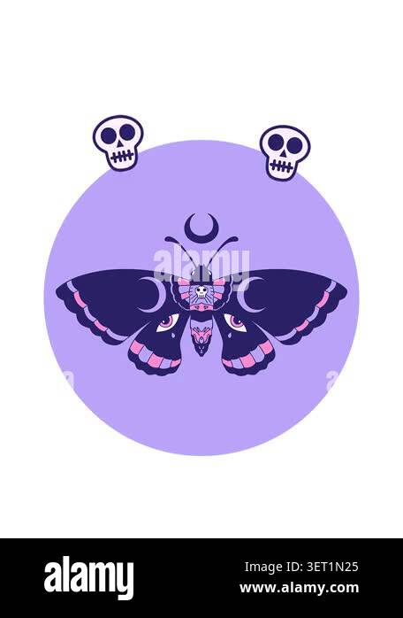 Vertical video showing a stylized moth with crescent moons on its wings ...