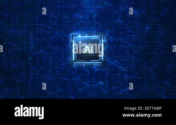A glowing computer chip with artificial intelligence symbol sits ...