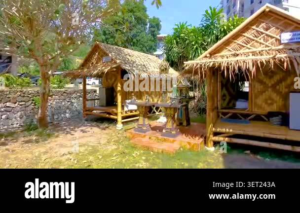 Bamboo huts for rent in tropical Thai nature with palm trees greenery ...