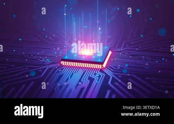 Seamless futuristic 3D render animation of an illuminated computer chip ...
