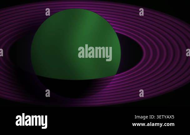 A green planet with a dome shape and purple rings in a black background ...