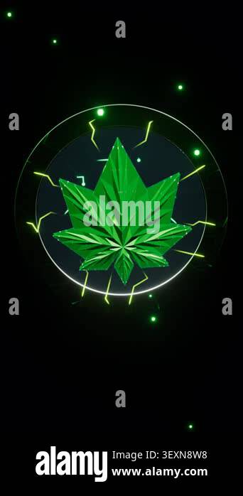 A vibrant neon leaf emblem glows brightly with renewable energy ...