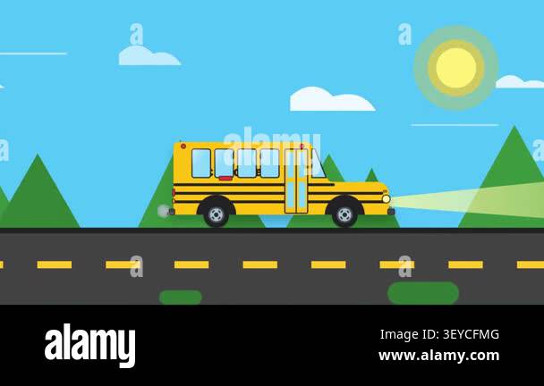 Animated cartoon school bus scene with educational transport theme ...