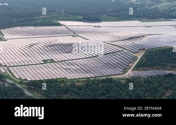 Aerial drone footage of an expansive solar panel farm surrounded by ...