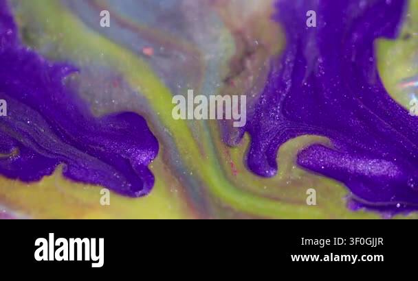 Paint blend. Sparkling texture. Neon purple flow pouring on blur yellow ...