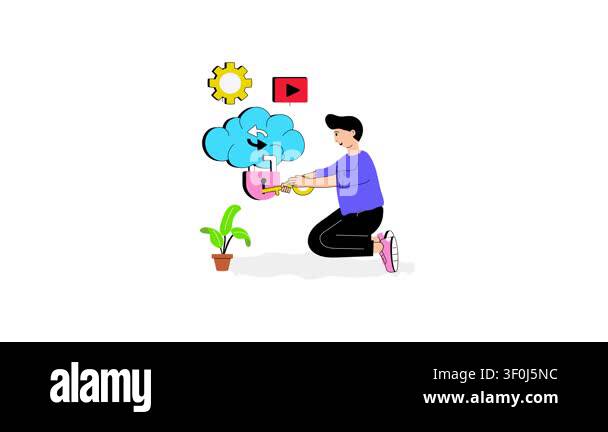 Cloud based system protection, cloud security animated flat ...