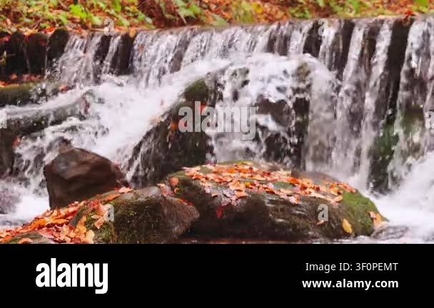 Beautiful autumn waterfall flowing over rocks with colorful fallen ...