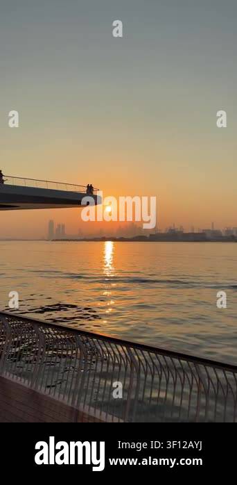 Stunning sunset view of Downtown Dubai skyline from Dubai Creek Harbour ...