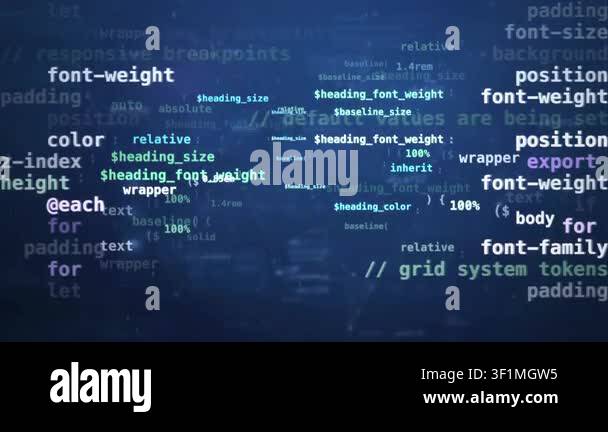 Lines of programming source code scrolling on a dark screen, a software ...