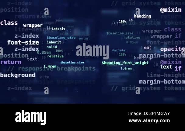 Lines of programming source code scrolling on a dark screen, a software ...