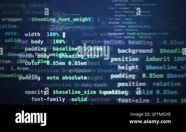 Lines of programming source code scrolling on a dark screen, a software ...