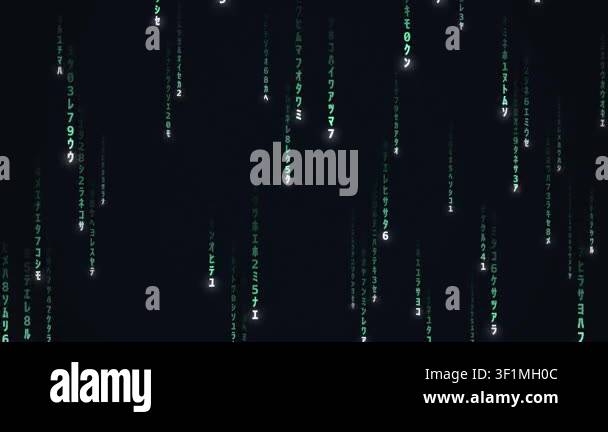 Glowing green matrix-style digital code raining down the screen, a ...