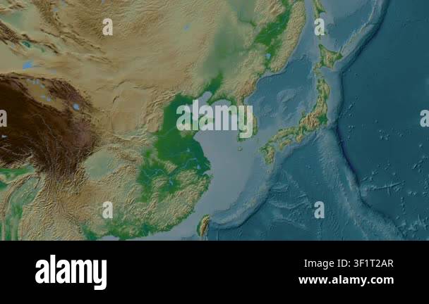 Yellow Sea. Location diagram on a colored elevation map in the ...
